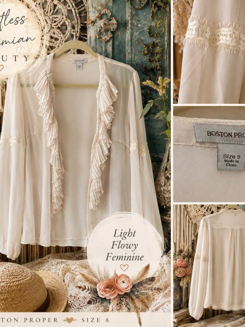 Boston Proper Ivory Sheer Ruffle Lace Boho Blouse Size 8